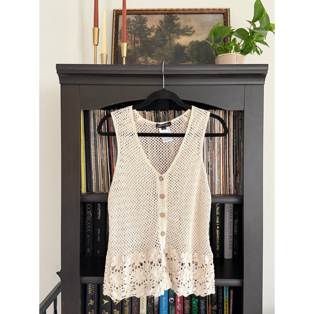 Charlie B Crochet Knit Button Front Vest Large Cream Floral Hem Boho Sleeveless